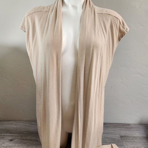 Talbots Tan White Skirt Cardigan Size L P Lines Flowy Swing 2-Piece Matching Set - Picture 1 of 12